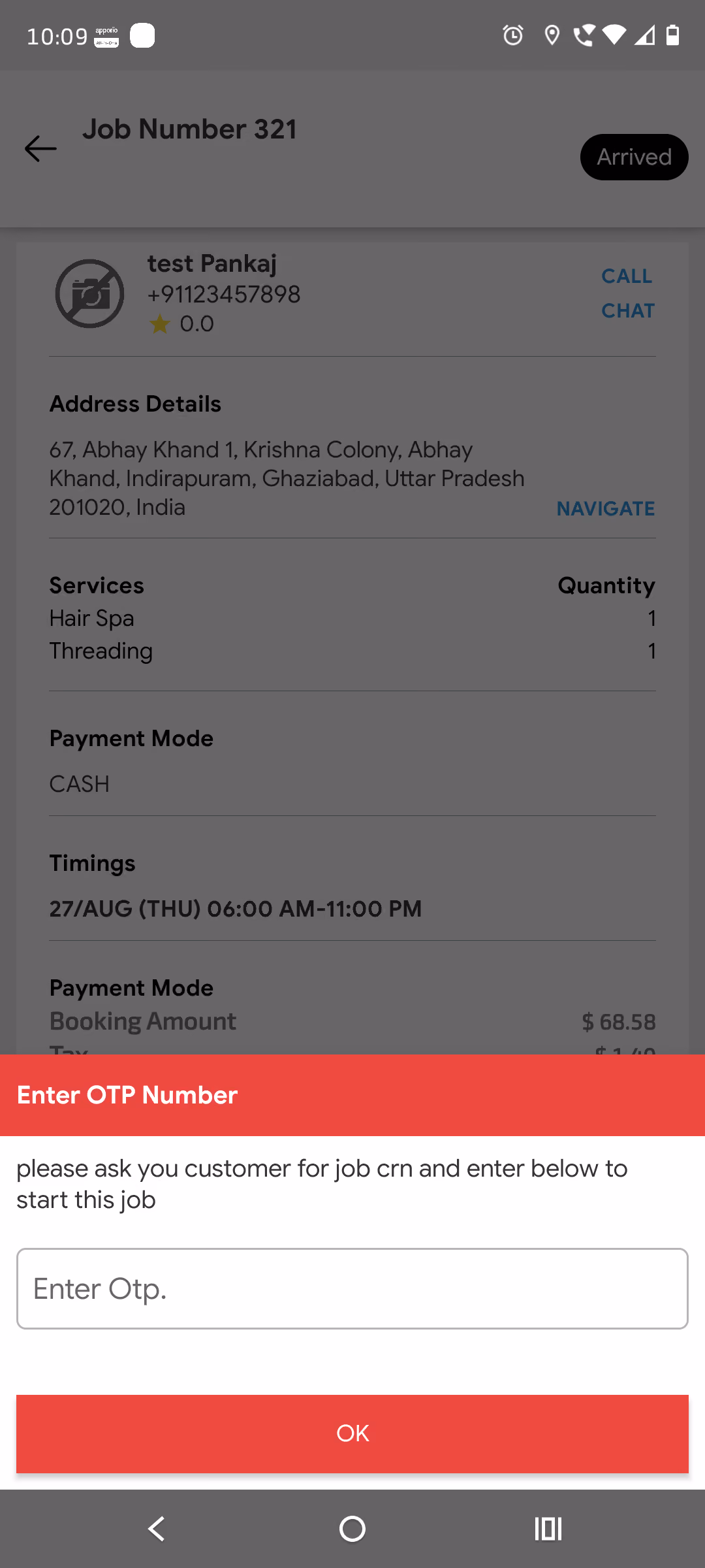Enter OTP CRN verification to start job