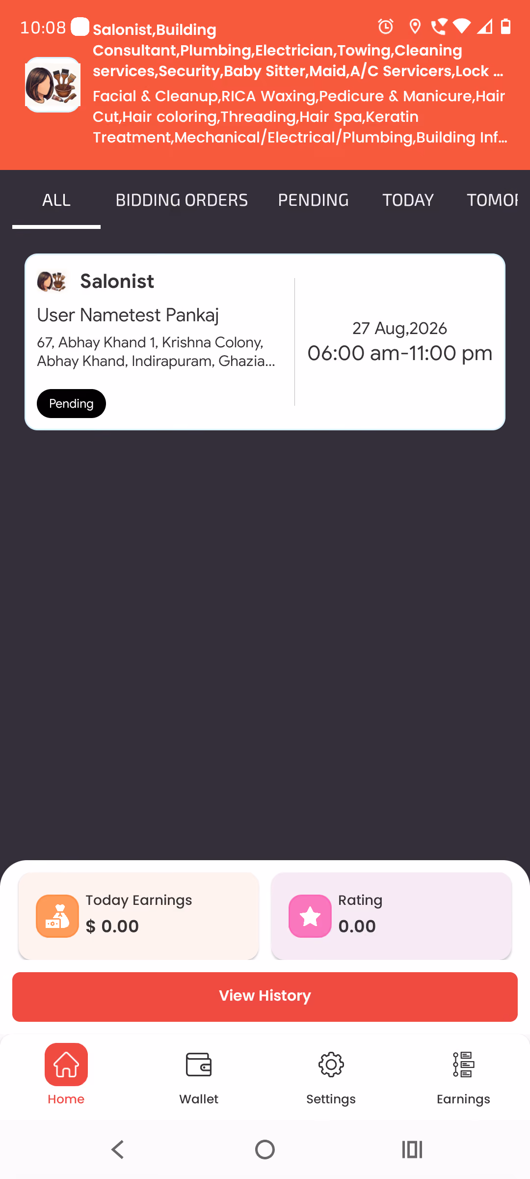 Provider dashboard with earnings, rating, and bookings
