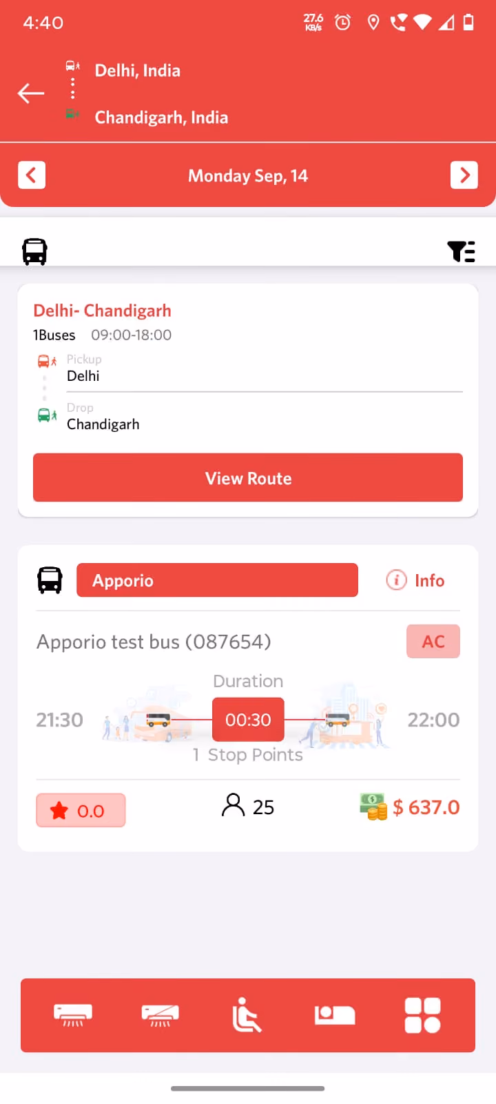 Bus booking app — seat selection screen