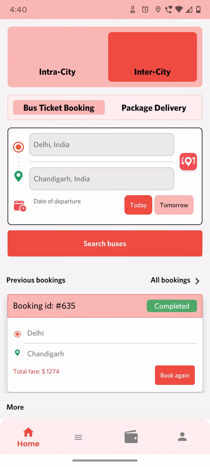 Bus booking app — search screen