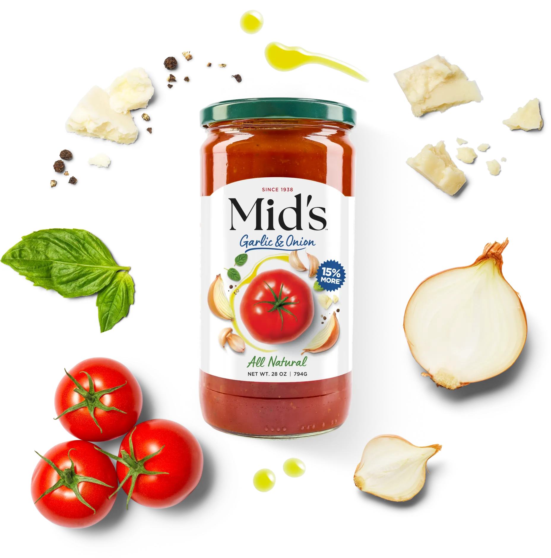 Mid's Tomato Sauce Jar surrounded with fresh ingredients