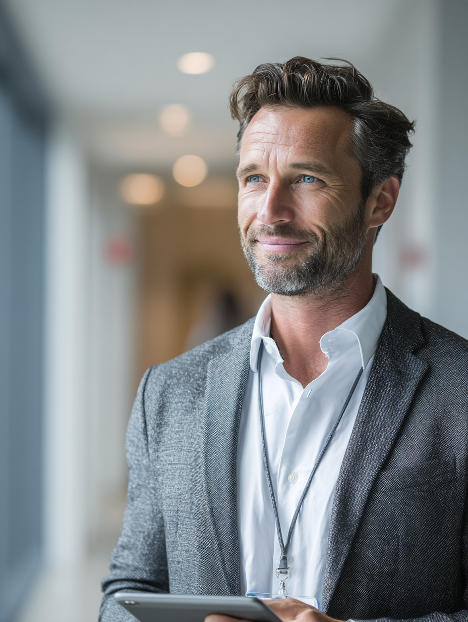 Smiling business man with beard and blue eyes wearing a gray blazer and white shirt holding a tablet.