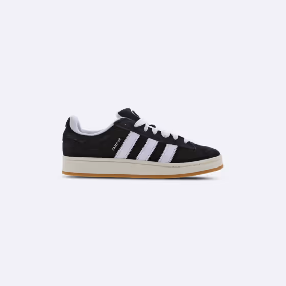 Black Adidas Campus sneaker with white stripes and laces, and gum sole, side view.