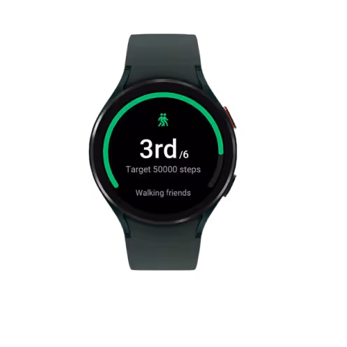 Round smart watch showing walking friends rank at 3rd of 6 for target of 50,000 steps.