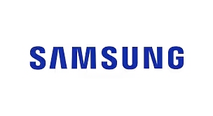 Blue Samsung logo on a black background.