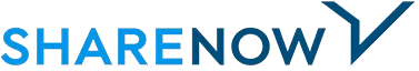 SHARE NOW logo with blue uppercase letters and a stylized checkmark.