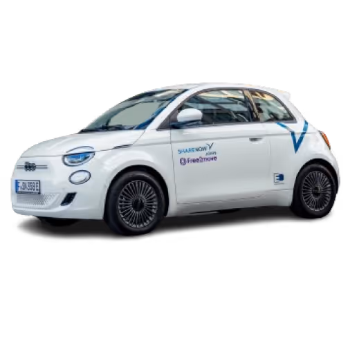 White compact electric car with Share Now and Free2move logos on the side.
