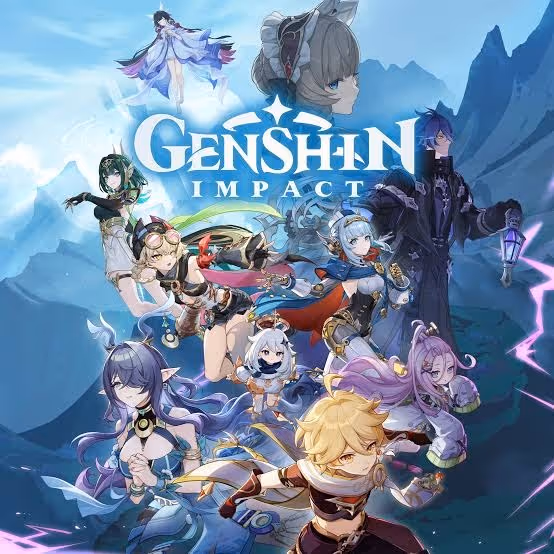 Characters from Genshin Impact with mountainous background and game title logo.
