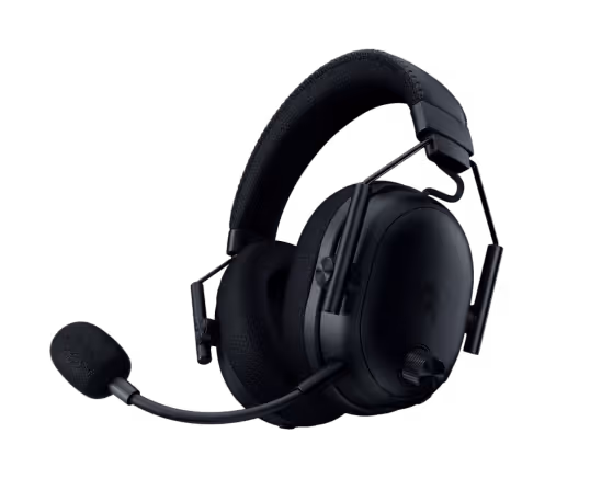 Black over-ear headset with attached microphone on a black background.