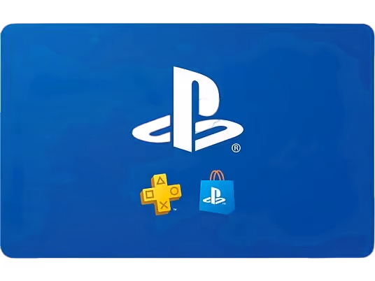 White PlayStation logo above yellow Plus and blue PlayStation Store icons on a blue background.