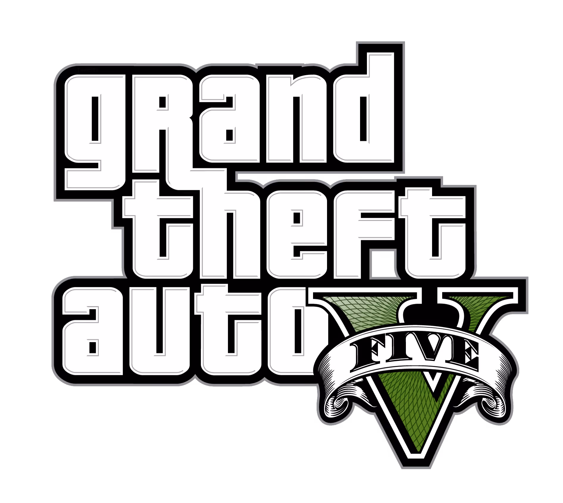 Grand Theft Auto V logo with white block letters and a green Roman numeral five.