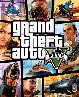 Collage of characters, vehicles, and action scenes from the video game Grand Theft Auto V.