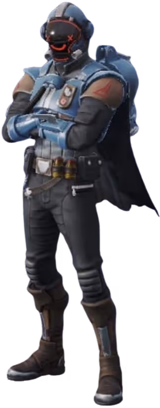 Character in futuristic armor with a smiley face mask, crossed arms, and a backpack.
