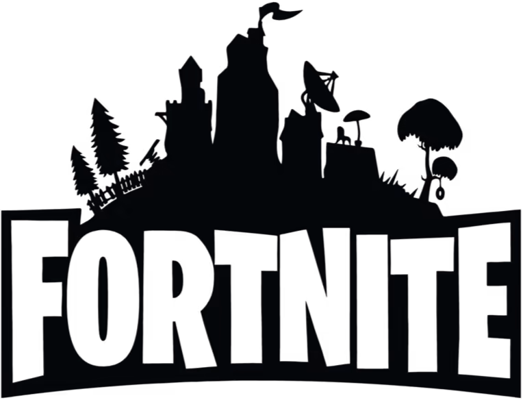 Black Fortnite logo with silhouettes of buildings and characters on top.