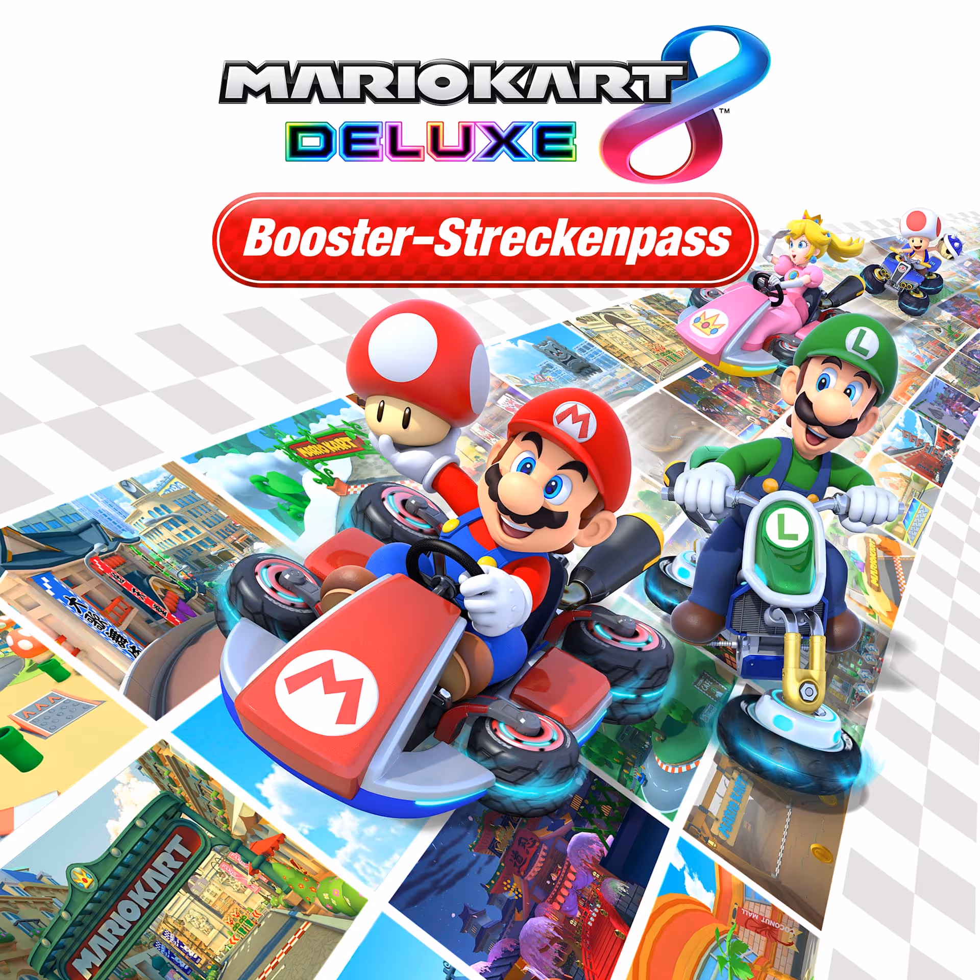 Mario, Luigi, Peach, and Toad racing in Mario Kart 8 Deluxe with Booster-Streckenpass banner.