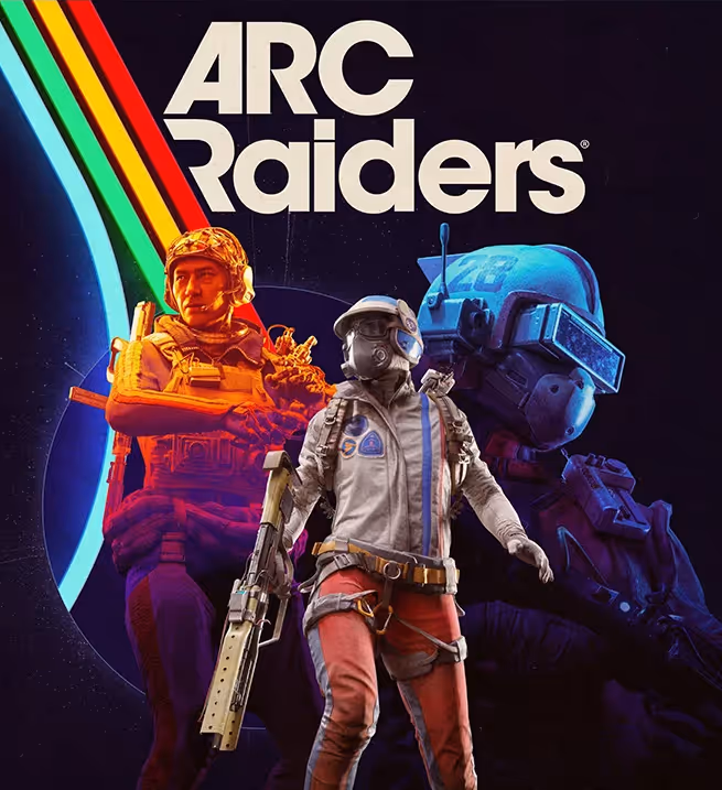 Three futuristic soldiers in vibrant gear with ARC Raiders logo and multicolor stripes background.