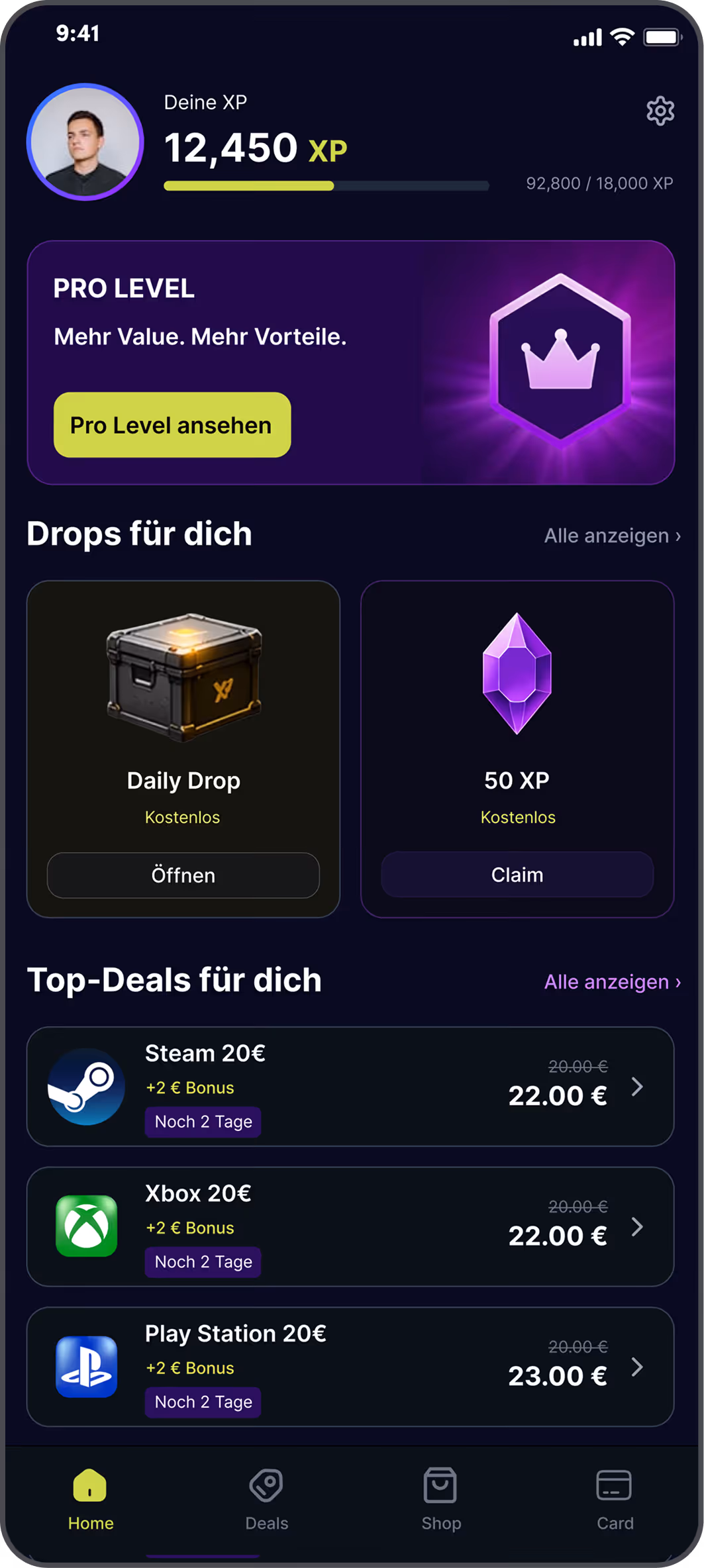 Mobile app screen showing user XP, pro level offer, free daily drop and XP claim, plus Steam, Xbox, PlayStation deals.