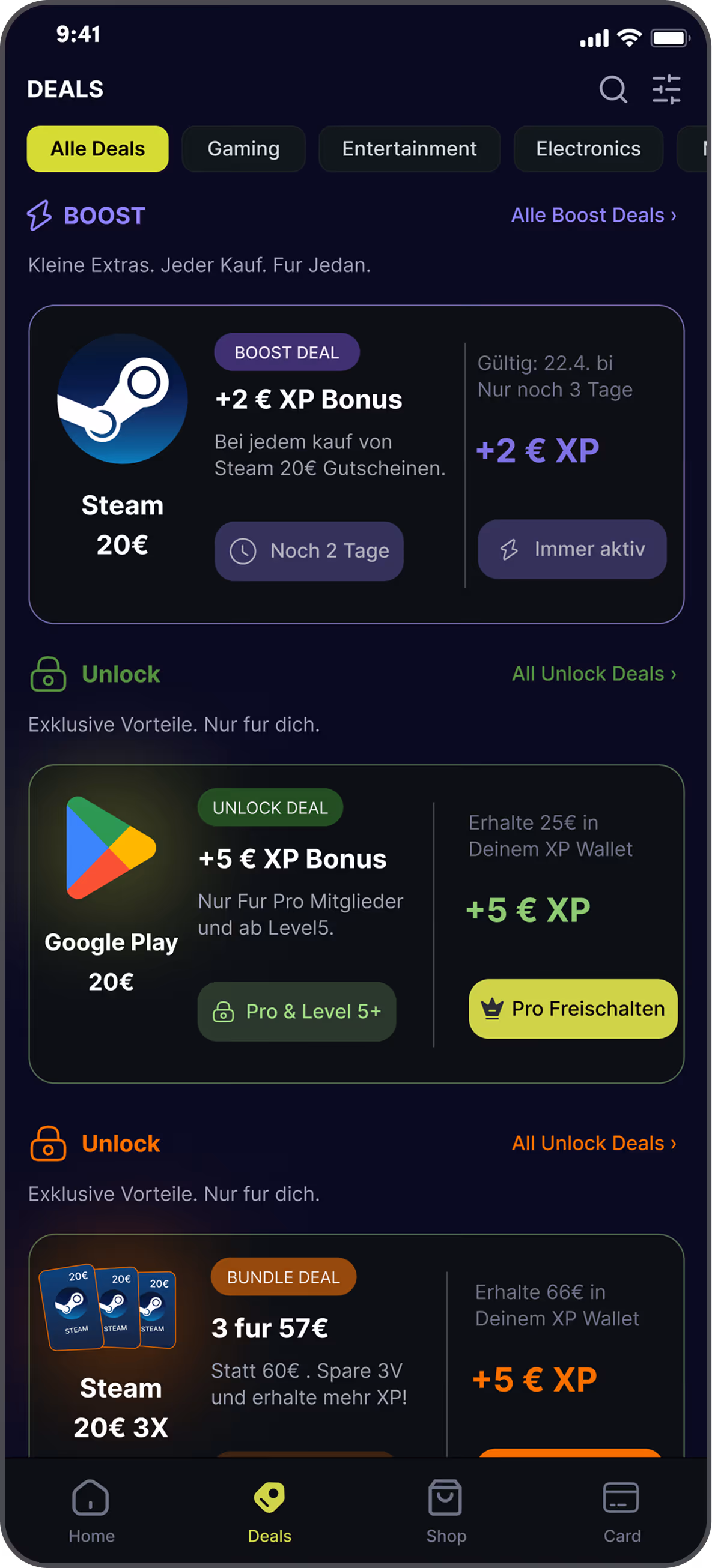 Mobile screen showing deals for Steam and Google Play with XP bonuses and unlockable offers.