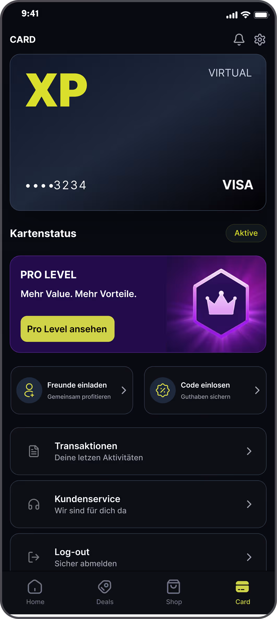 Mobile app screen showing a virtual VISA card, Pro Level subscription, and navigation menu.