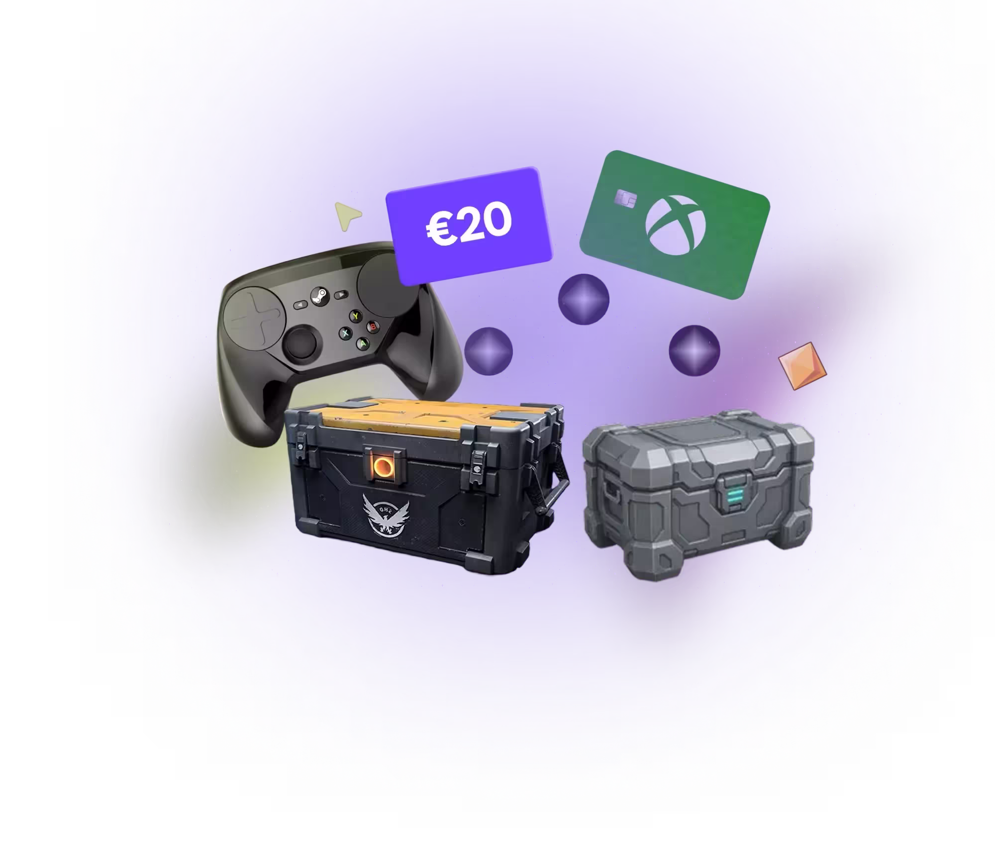 Game controller, €20 card, Xbox card, and two loot boxes on a purple background.