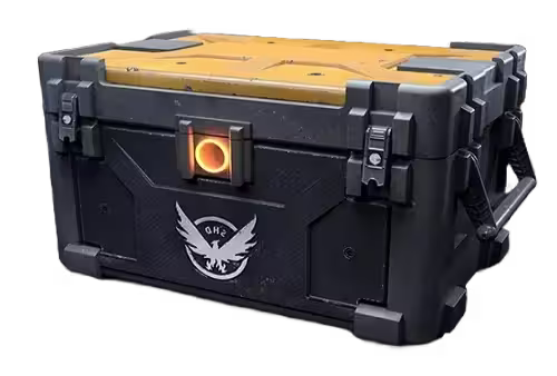 Black and yellow tactical loot crate with emblem and glowing orange lock on front.