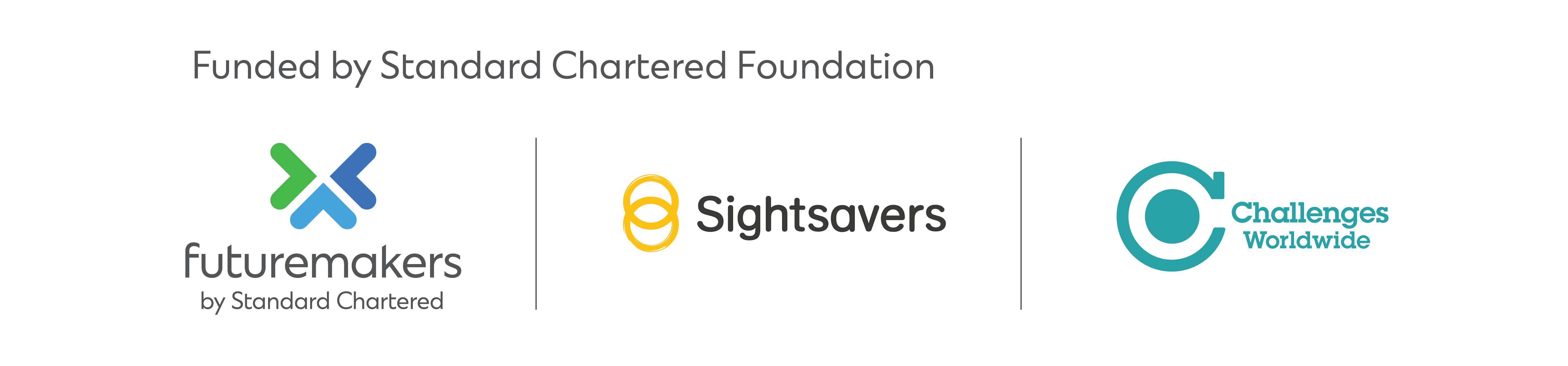 Funded by Standard Chartered Foundation. Logos: Futuremakers by Standard Chartered, Sightsavers, Challenges Worldwide