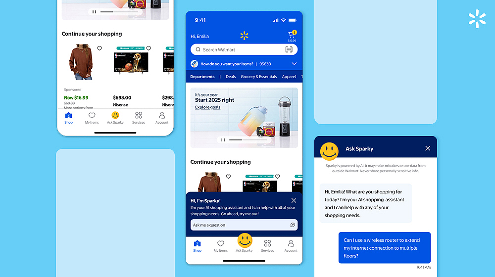 Three screenshots from Walmart.com show the Sparky user experience on mobile