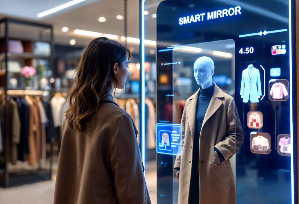Smart Shopping Screen - Lady and robot shopping