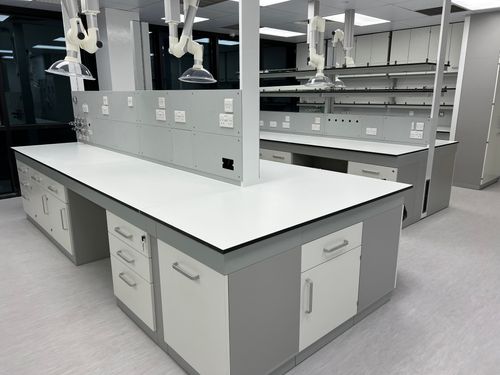 Modern laboratory interior showcasing a large, clean central island workbench with a white surface and grey base cabinets. Overhead, adjustable task lighting and ventilation arms extend from the ceiling, while additional wall-mounted benches with shelving are visible in the background, creating an organized and functional scientific workspa