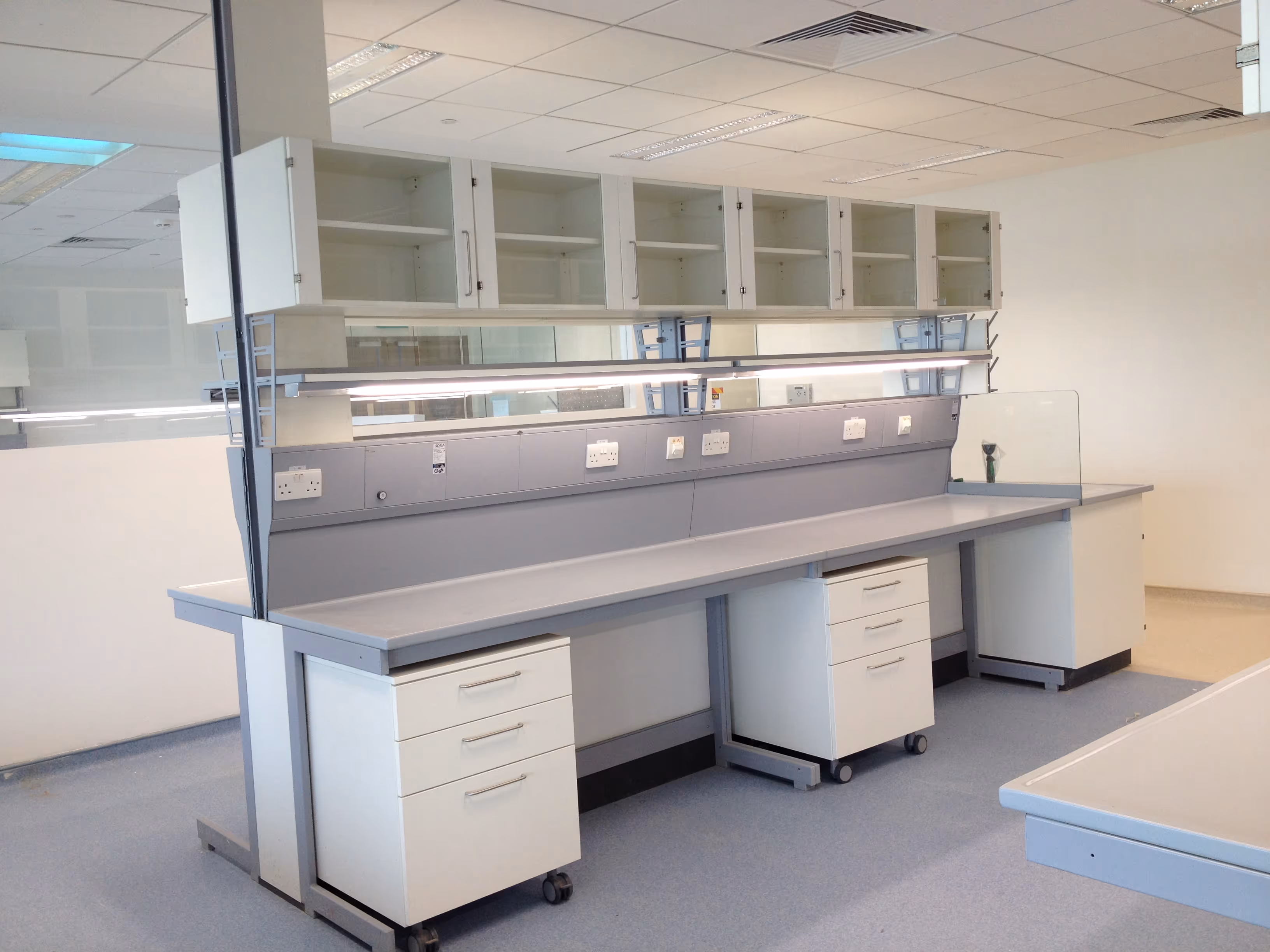 Empty modern laboratory with white cabinets, shelves, and workbenches