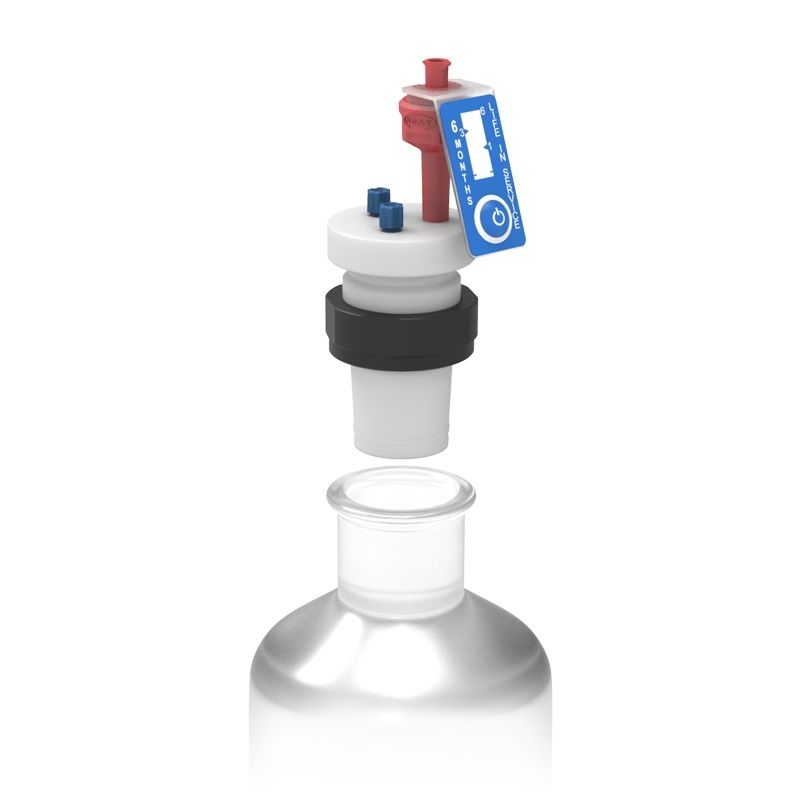 A close-up of a S.C.A.T. safety cap being attached to a solvent waste bottle.