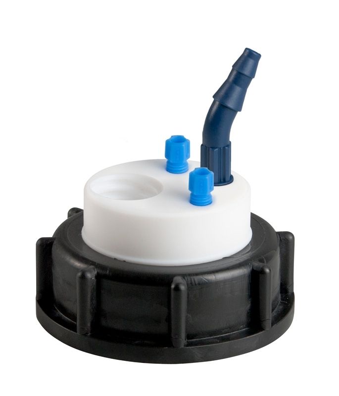 A  of a white and black container lid with two blue ports and a dark blue spout.