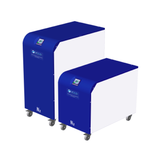 Two industrial Telesto with blue and white casings on wheels, against a black background. They have digital displays labeled "N2," conveying a modern technology vibe.