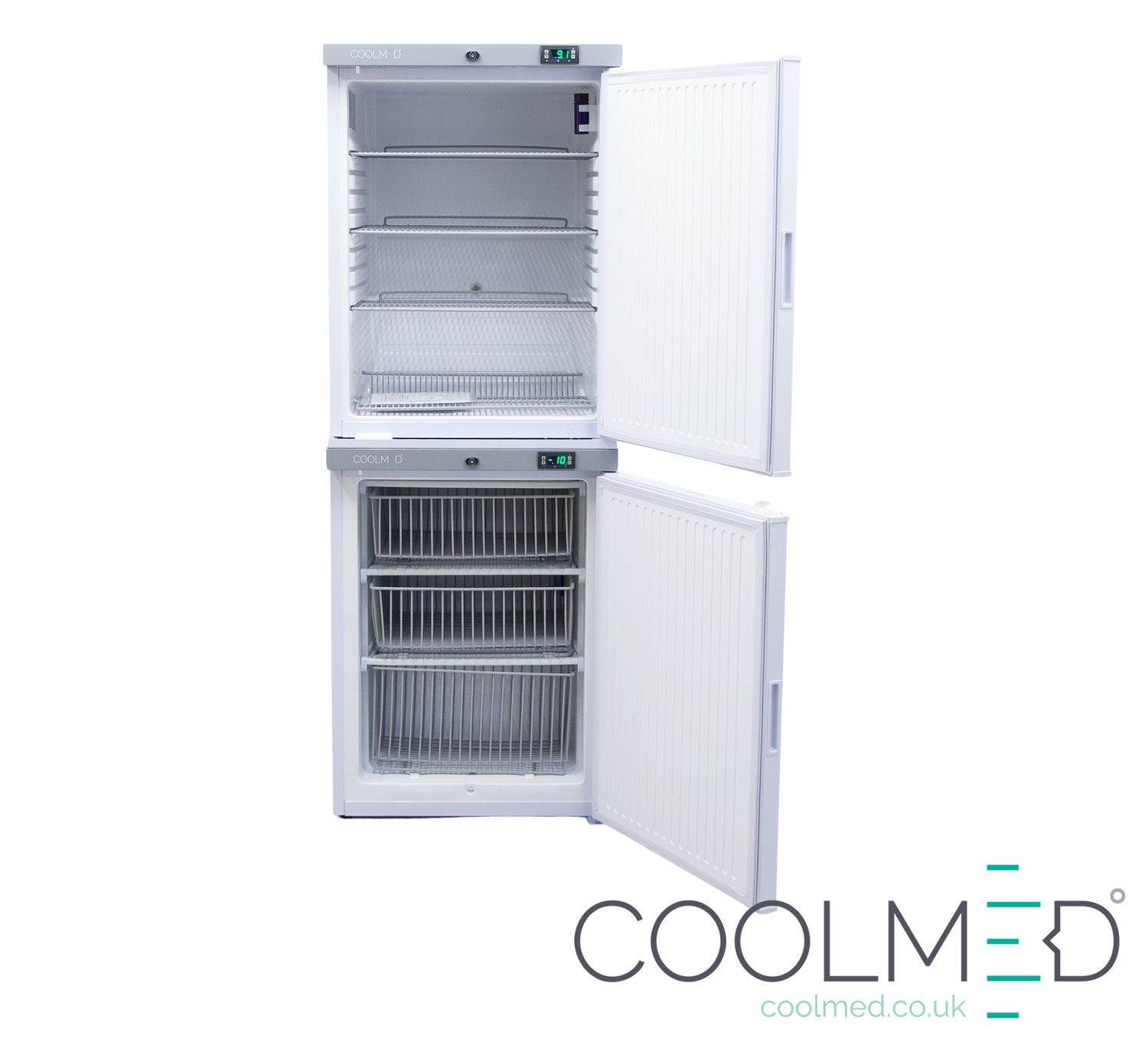 CoolMed 260 medical refrigerator and freezer with open doors showing adjustable shelves and storage compartment.