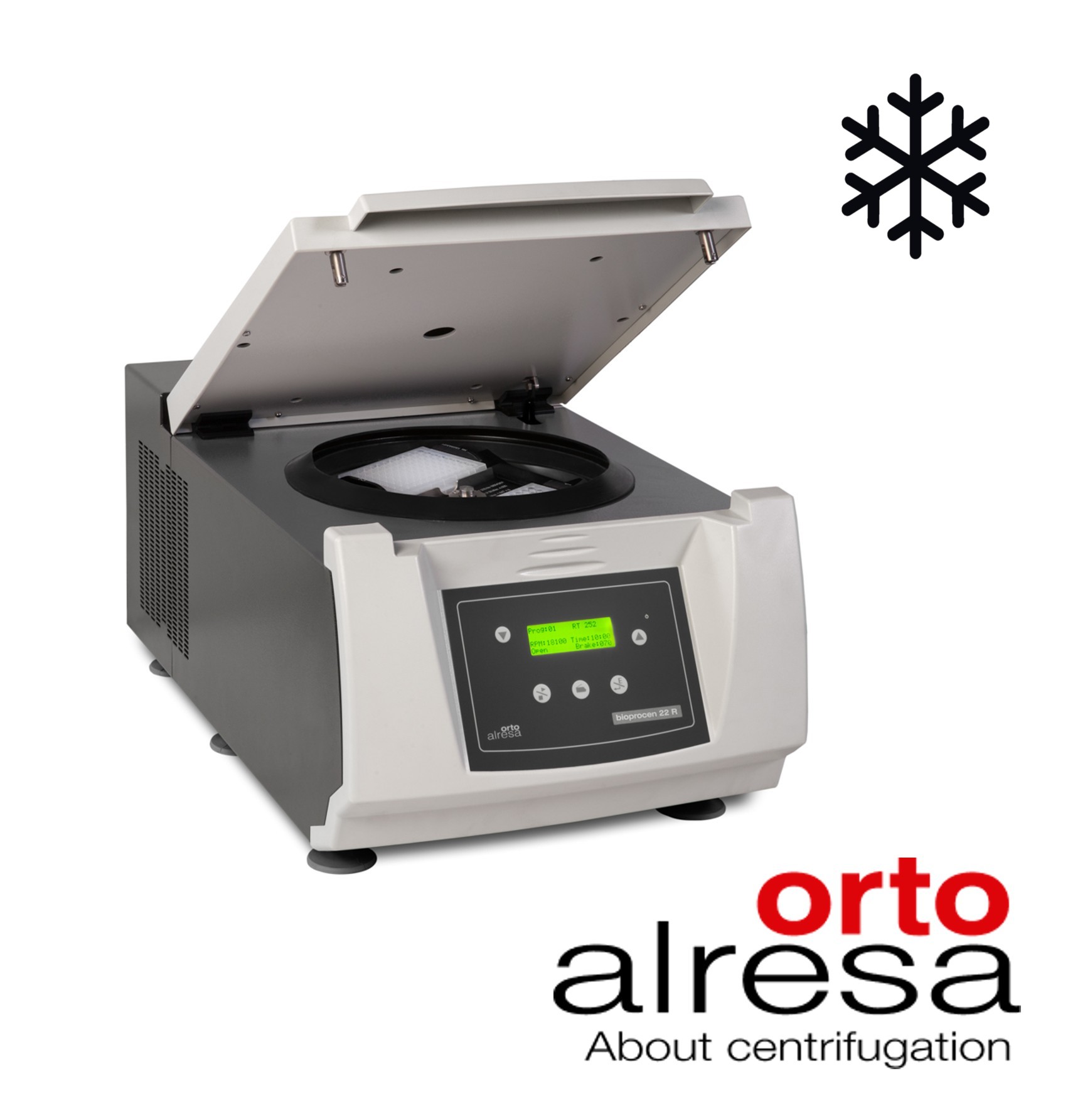 A tabletop refrigerated Bioprocen 22 R centrifuge, manufactured by Orto Alresa, with its lid open, showing sample tubes inside.