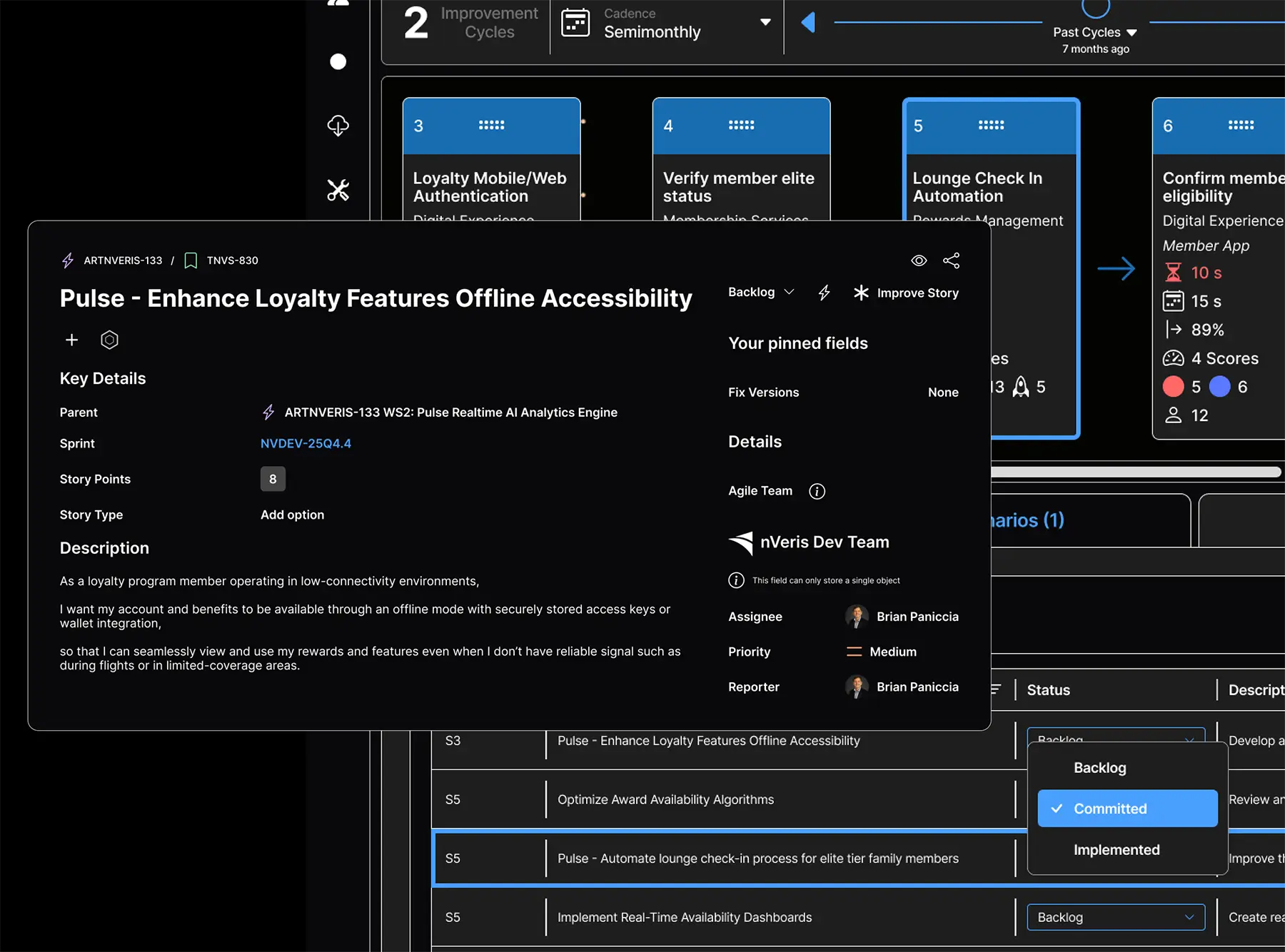 Screenshot of a project management dashboard showing details for the task 'Pulse - Enhance Loyalty Features Offline Accessibility' including description, sprint, story points, assignee, and priority.