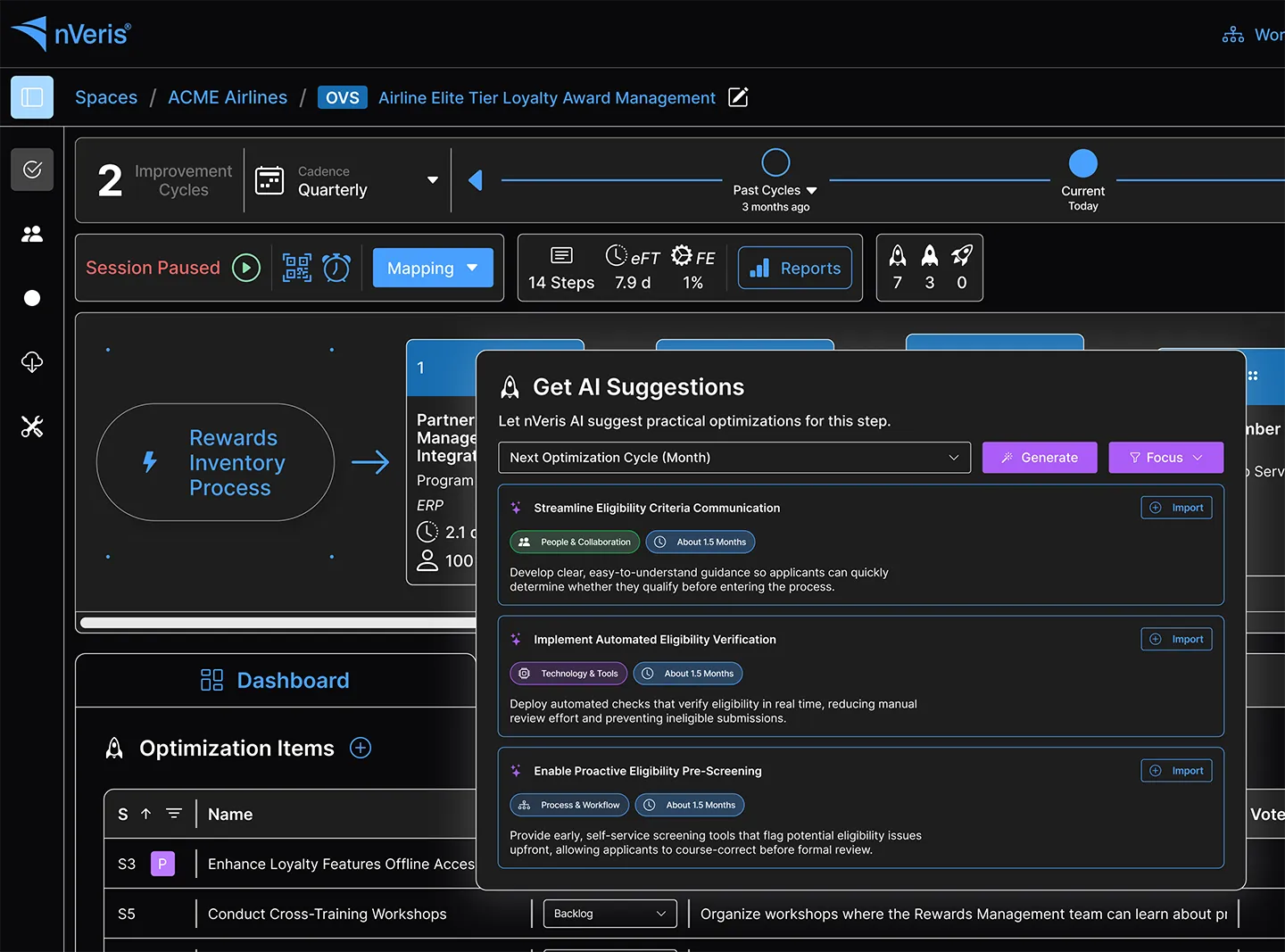 Screenshot of nVeris Airlines Elite Tier Loyalty Award Management dashboard showing AI suggestions for optimizing eligibility communication, verification, and pre-screening with buttons for generating and importing recommendations.