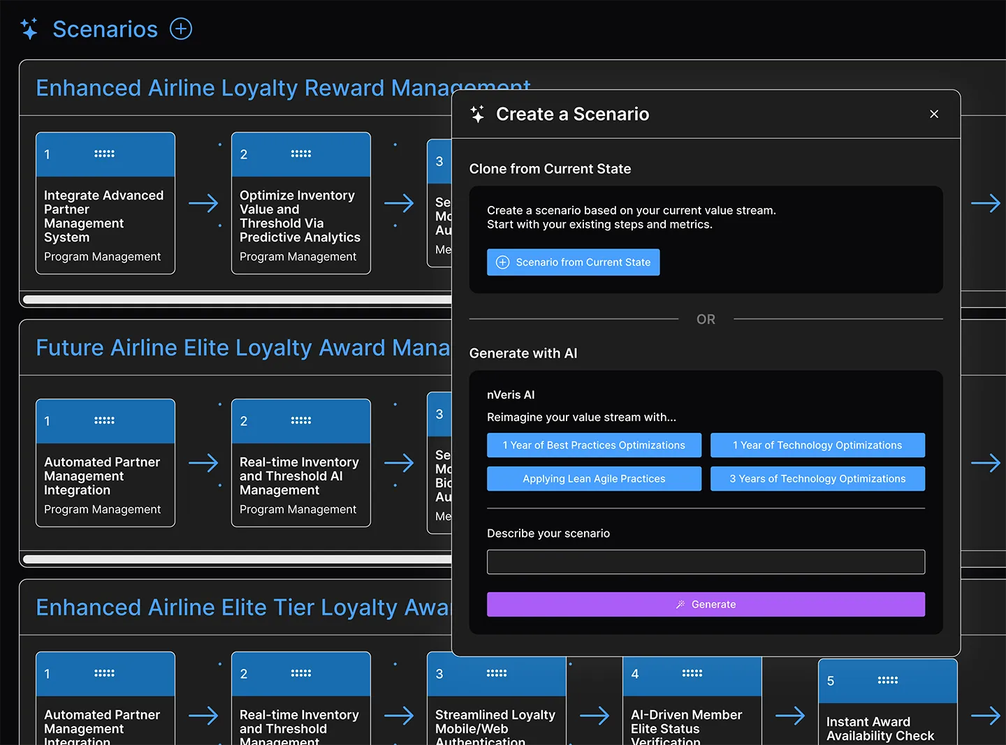 Interface showing a scenario creation panel over airline loyalty program workflow charts with options to clone current state or generate scenarios with AI.