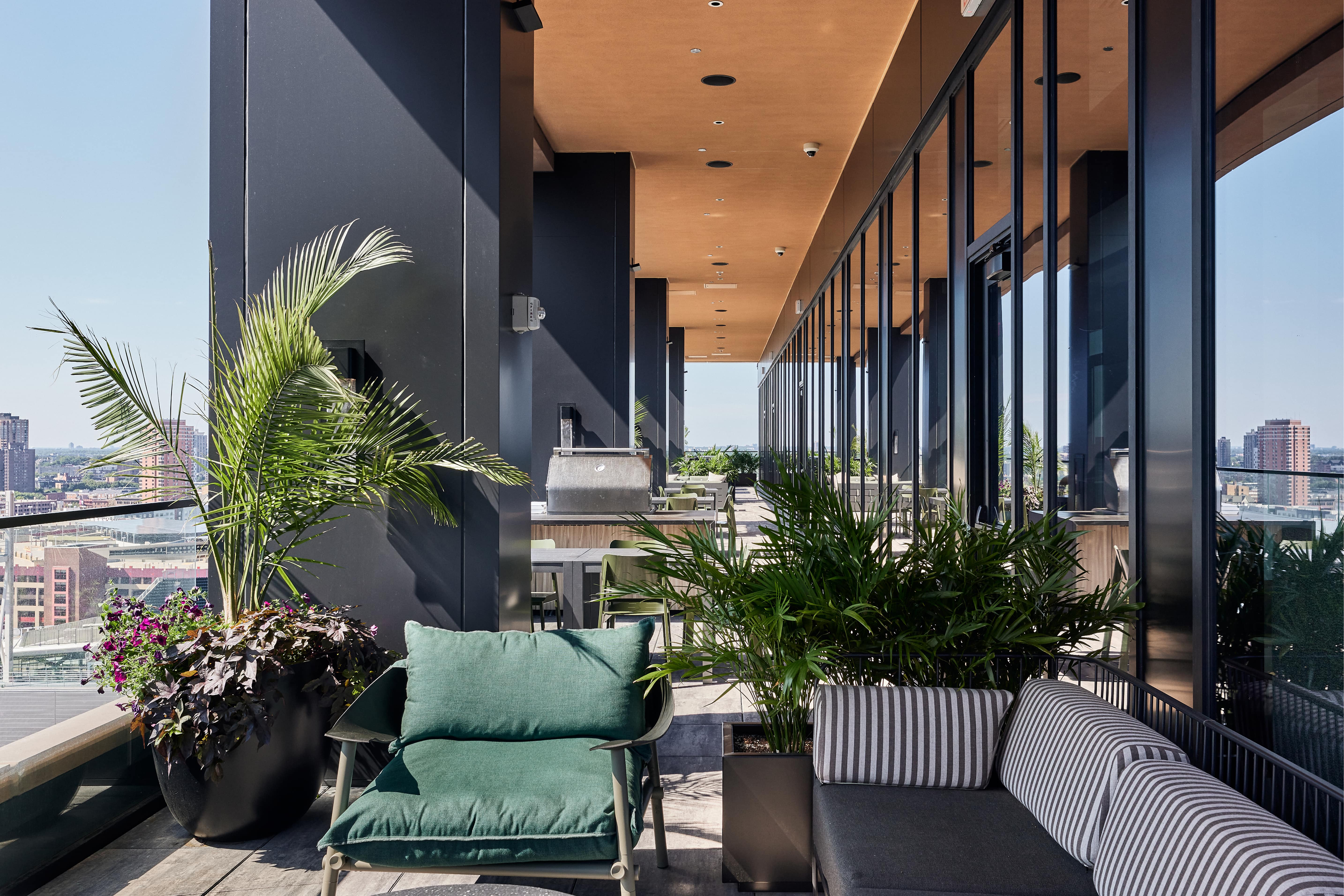 Rooftop lounge with modern seating and tropical planters overlooking the city.