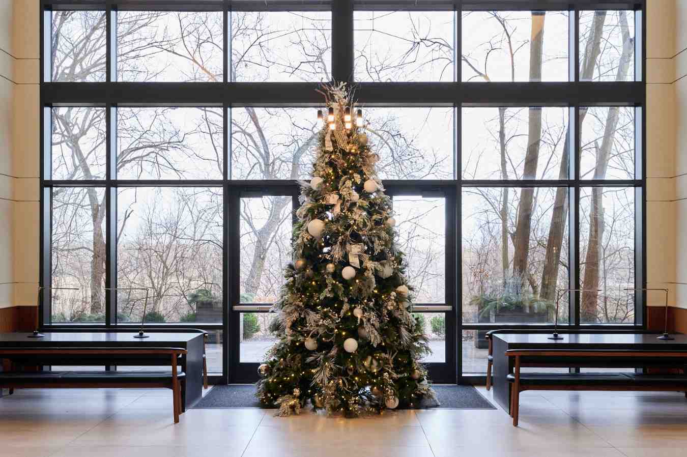 Christmas tree decorated in silver and white ornaments in a lobby with large windows.