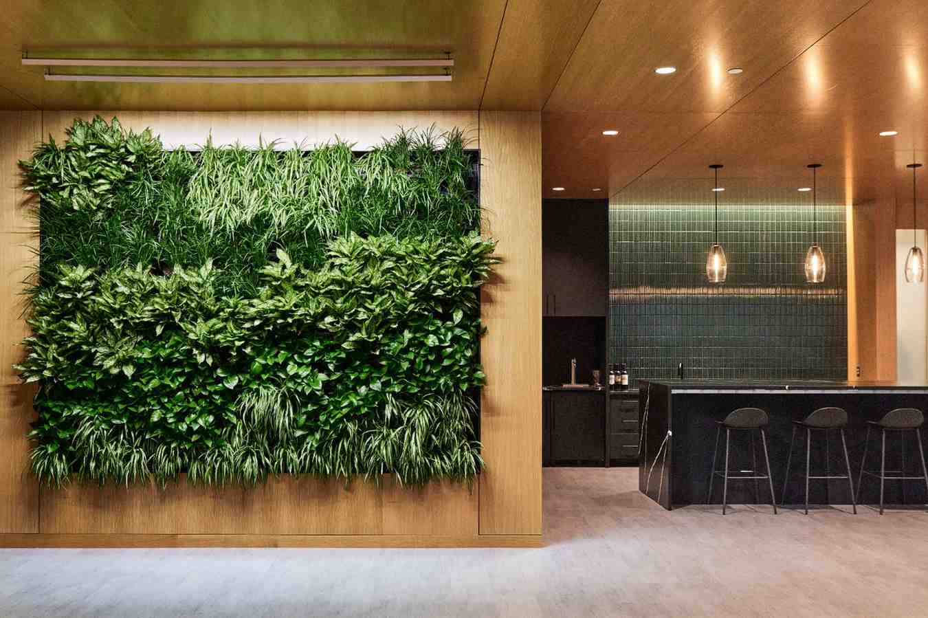 Large indoor living wall with layered greenery beside a modern bar area