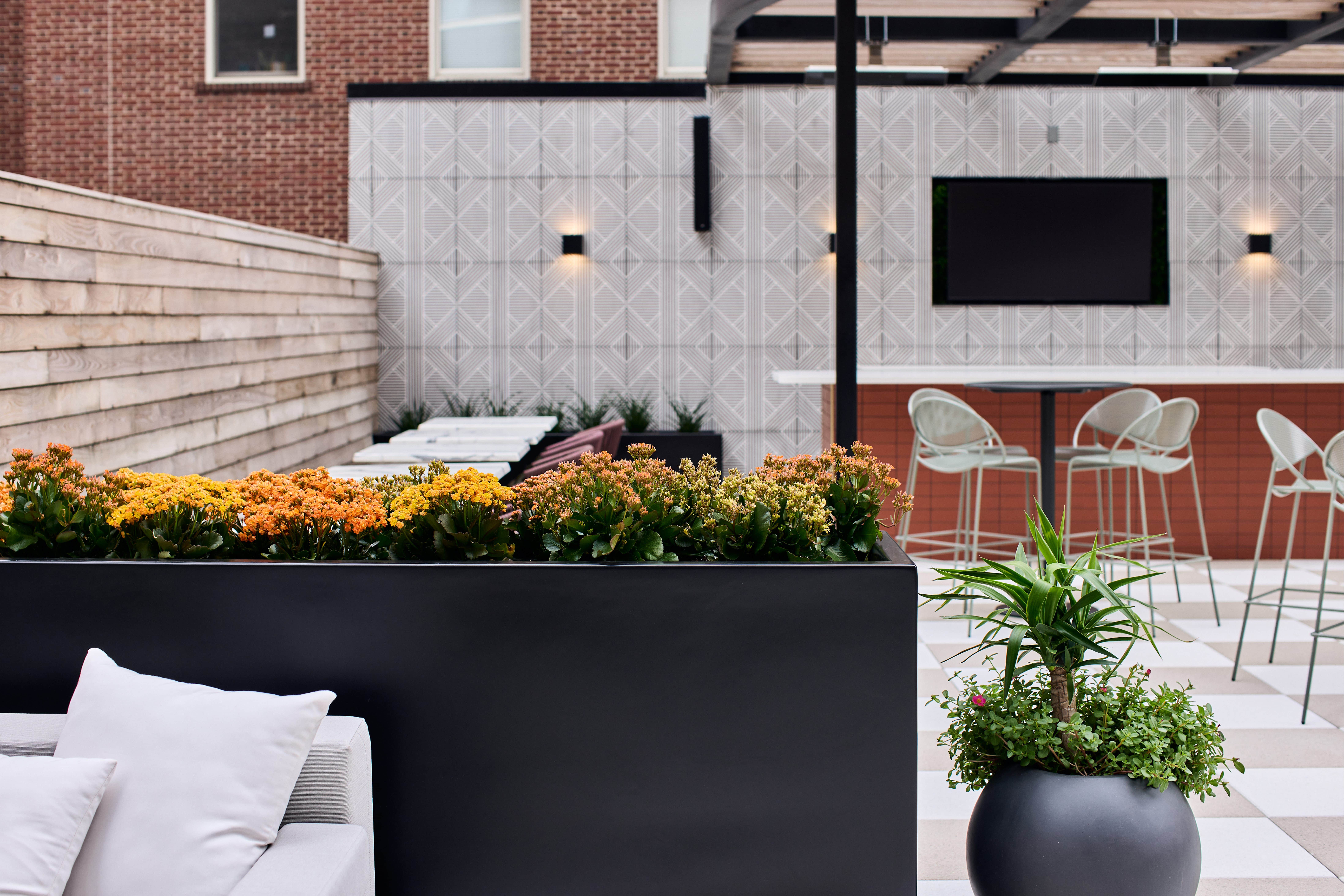 Modern outdoor patio with black planters filled with orange and green plants, alongside seating and geometric wall tiles