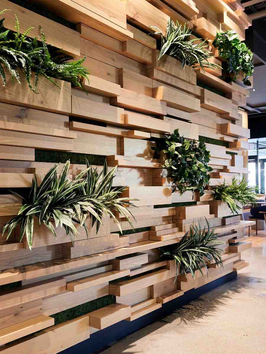 Modern wooden living wall with layered timber panels and built-in greenery in a contemporary commercial interior.