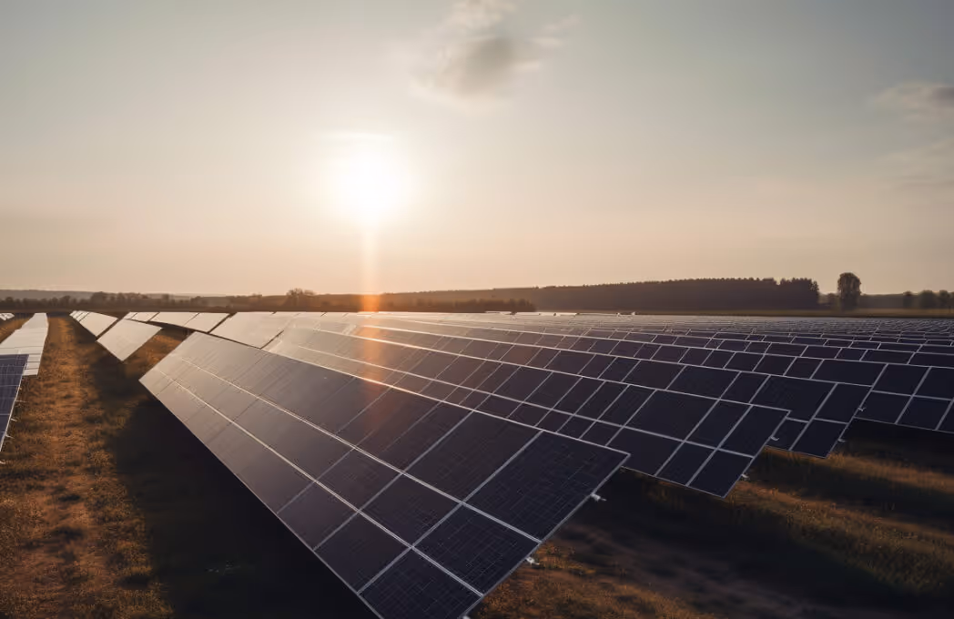 Solar farm. Solar panels are one of the renewable energy sources that can be converted into heat and stored using Kraftblock modular system.