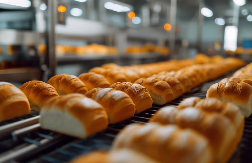 Industrial bread production on a conveyor belt. Kraftblock provides a cost-effective and sustainable solution for process heating in food industry.