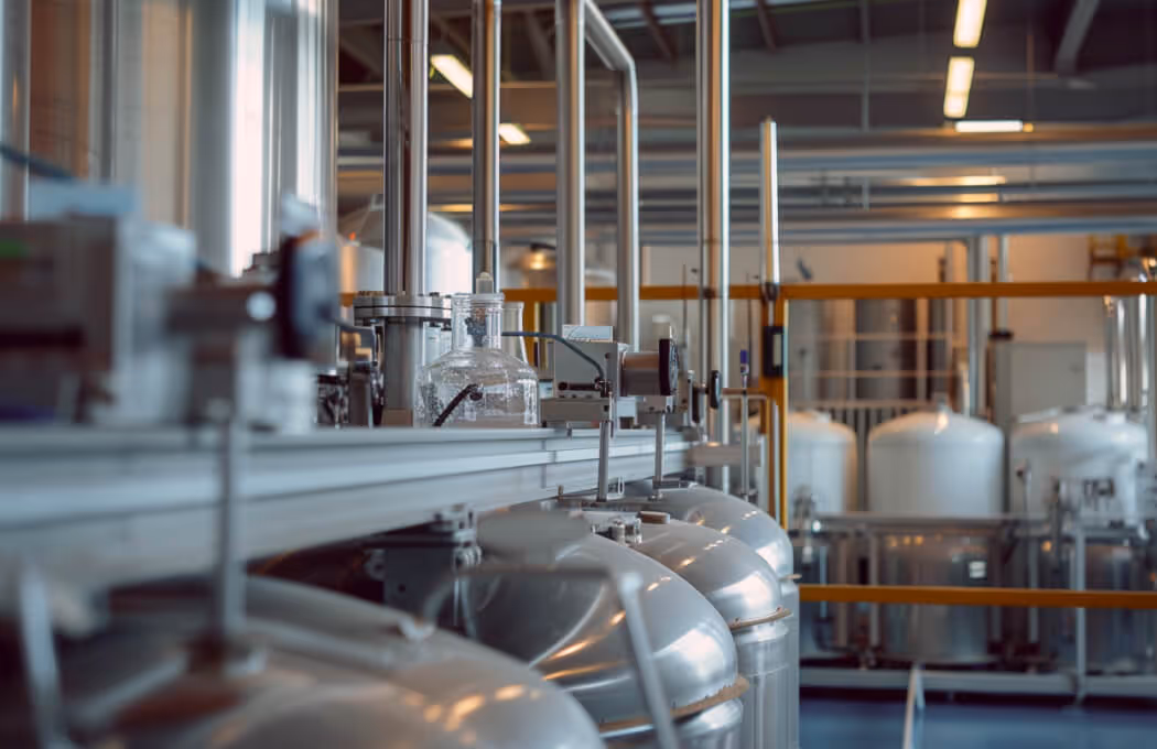 Interior from a chemical industrial facility. The high energy demand of the chemical and plastics industry can be decarbonized by Kraftblock TES system.