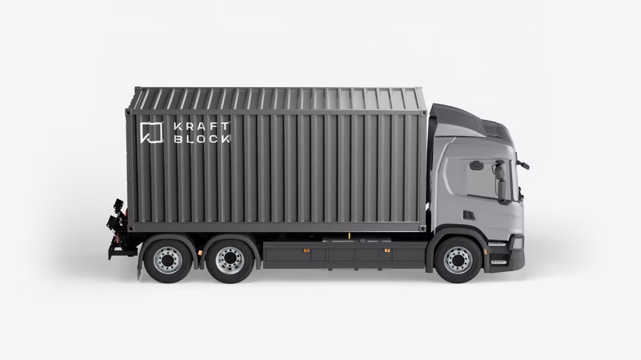 Truck carrying a Kraftblock mobile heat storage container. The container is a multifunctional energy storage system for heat and power, allowing the transport and availability of green, net-zero heat helping replace fossil fuels to consumers that are far away.