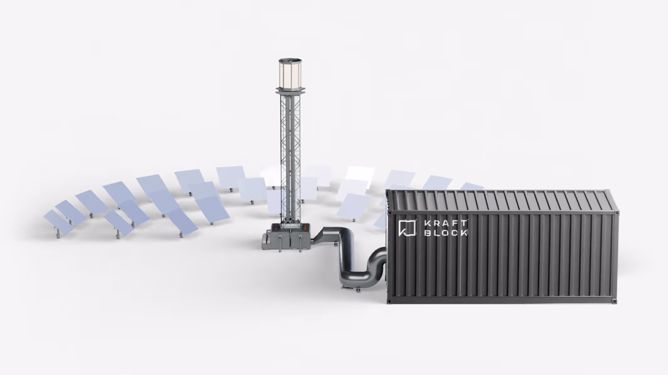 Model of a central solar plant with a solar power tower linked to a Kraftblock thermal energy storage container.