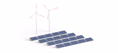 Graphic representation of a renewable energy system, with wind and solar power generation. The scene features multiple rows of blue solar panels on the ground and two white wind turbines in the background. 