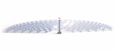 Render from a concentrated solar plant using sun-tracking mirrors (heliostats) to concentrate sunlight onto a receiver at the top of a solar power tower. This is a application for Kraftblock's thermal storage.